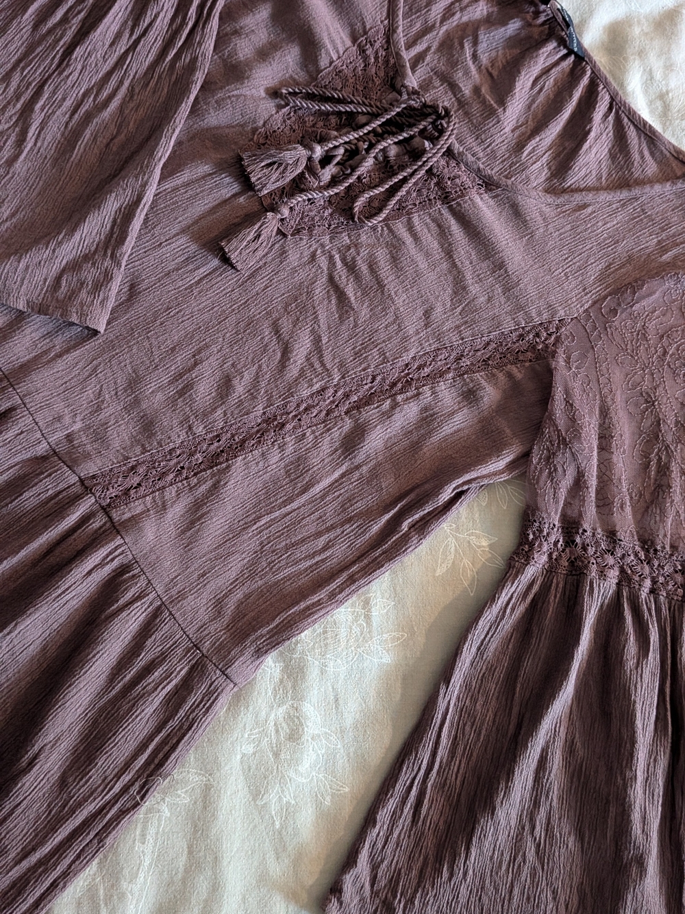 American Eagle Outfitters Mauve Lace-Trim Boho Dress